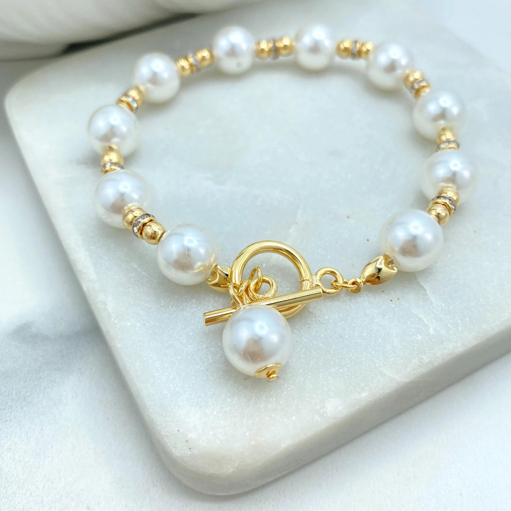 18k Gold Filled Simulated Pearl Necklace and Bracelet Set, Toggle Clasp with Drop Pearl, Classic Bridal Jewelry