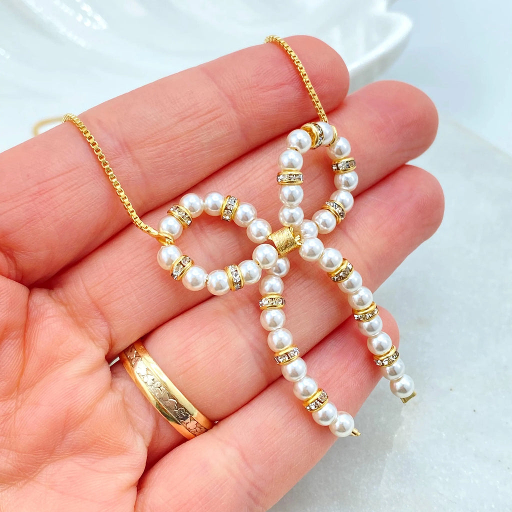 18k Gold Filled Pearl Bow Necklace with CZ Accents, Elegant Ribbon Pendant with Extender, Dainty and Feminine Jewelry