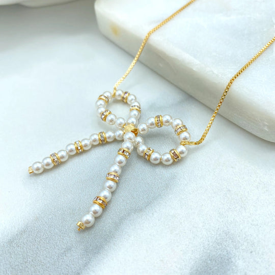 18k Gold Filled Pearl Bow Necklace with CZ Accents, Elegant Ribbon Pendant with Extender, Dainty and Feminine Jewelry