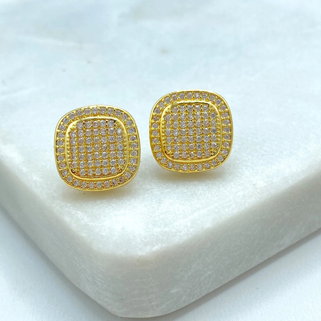18k Gold Filled Square Pave Stud Earrings, Cushion Shape CZ Micro-Pave, Elegant Post Earrings, Lightweight Sparkle