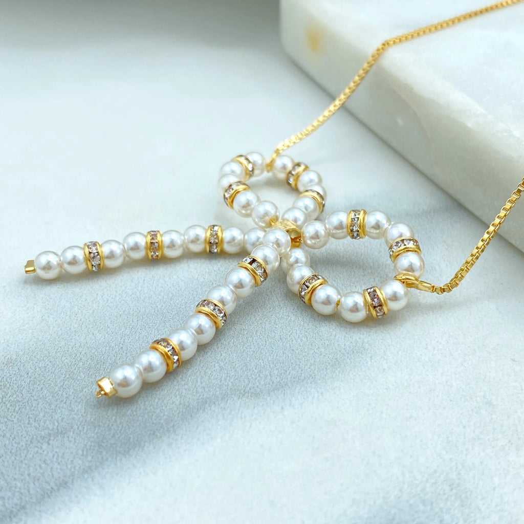 18k Gold Filled Pearl Bow Necklace with CZ Accents, Elegant Ribbon Pendant with Extender, Dainty and Feminine Jewelry