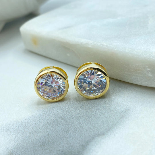 18k Gold Filled Round CZ Stud Earrings, Bezel Setting, Classic Solitaire Earrings, Jumbo Push Back Included