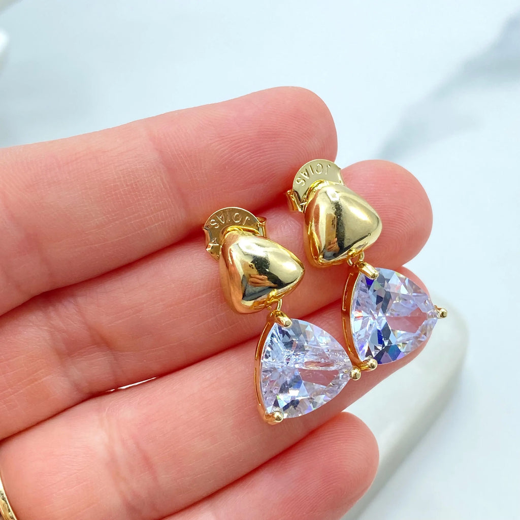 18k Gold Filled Stud Earrings with Jumbo Push Back, Drop Triangle CZ Stud Earrings, Classic Jewelry, Secure Comfortable Fit