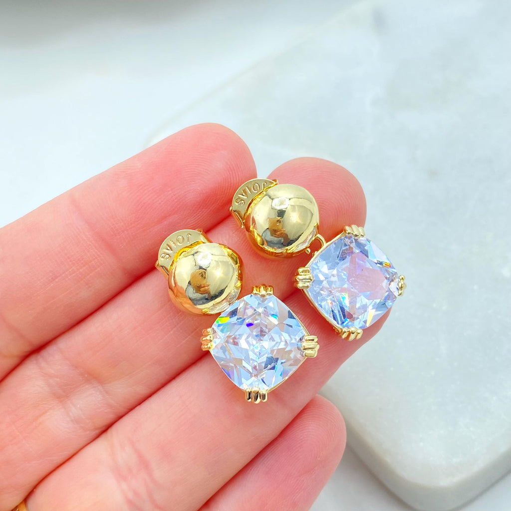 18k Gold Filled Stud Earrings with Jumbo Push Back, Drop Square CZ Stud Earrings, Classic Jewelry, Secure & Comfortable Fit