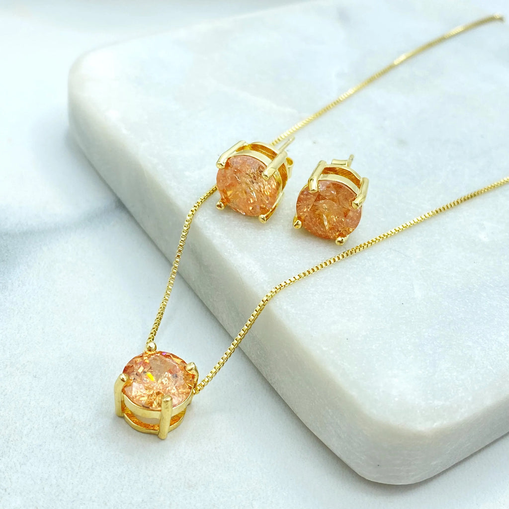 18k Gold Filled Amber Crystal Jewelry Set, Gold Necklace & Stud Earrings, Raw Stone Look, Dainty Sparkle Set