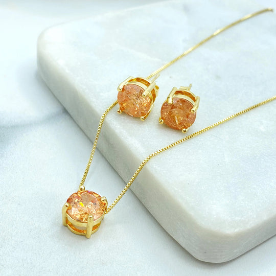 18k Gold Filled Amber Crystal Jewelry Set, Gold Necklace & Stud Earrings, Raw Stone Look, Dainty Sparkle Set