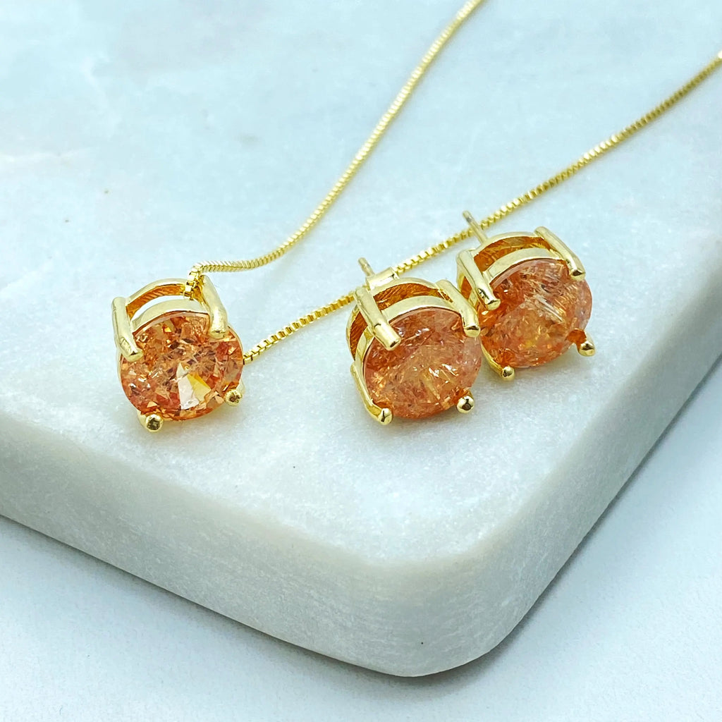 18k Gold Filled Amber Crystal Jewelry Set, Gold Necklace & Stud Earrings, Raw Stone Look, Dainty Sparkle Set