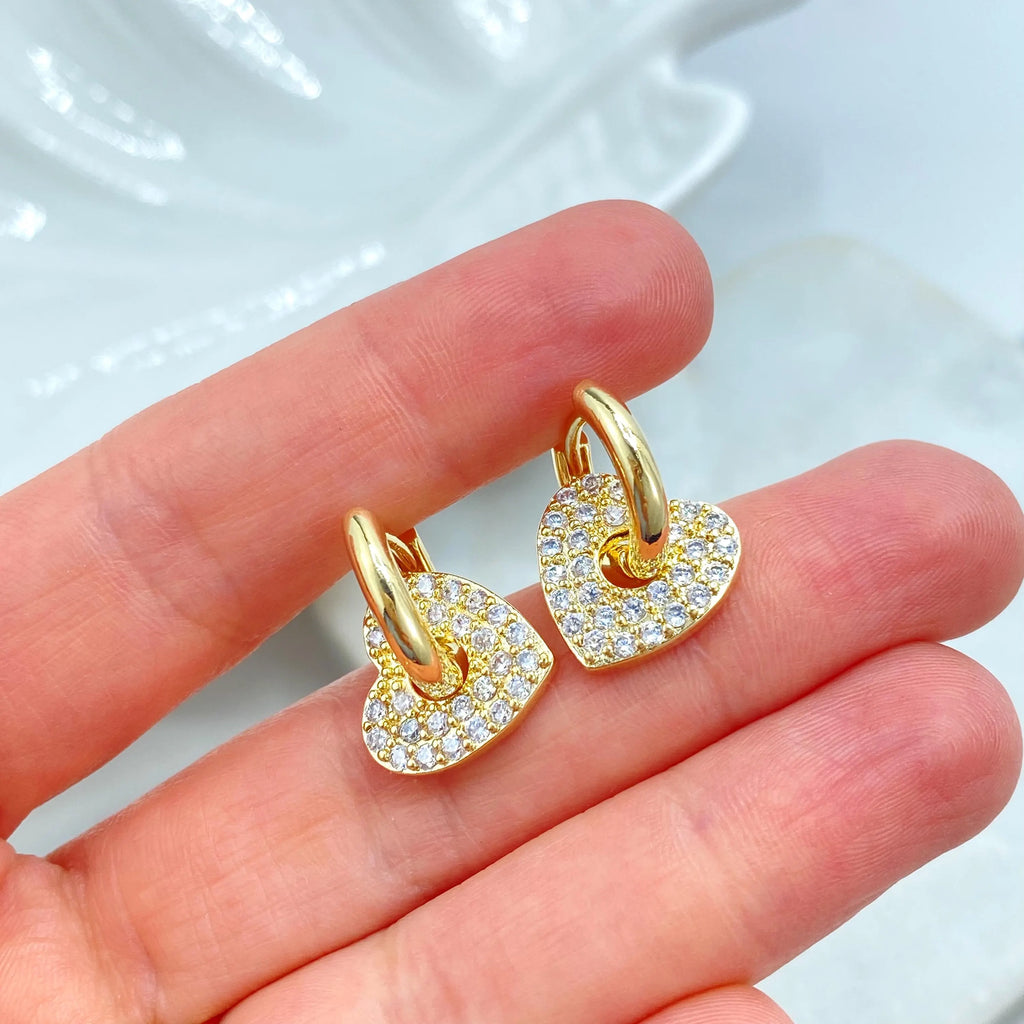 18k Gold Filled Heart Charm Huggie Earrings, Detachable CZ Heart Dangle, Sparkling Gold Hoops, Lightweight Earrings