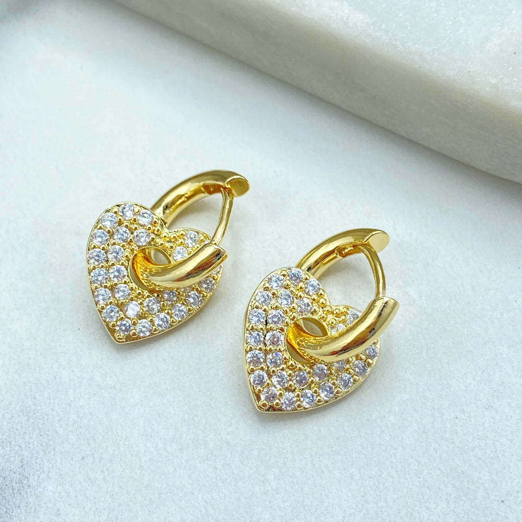18k Gold Filled Heart Charm Huggie Earrings, Detachable CZ Heart Dangle, Sparkling Gold Hoops, Lightweight Earrings