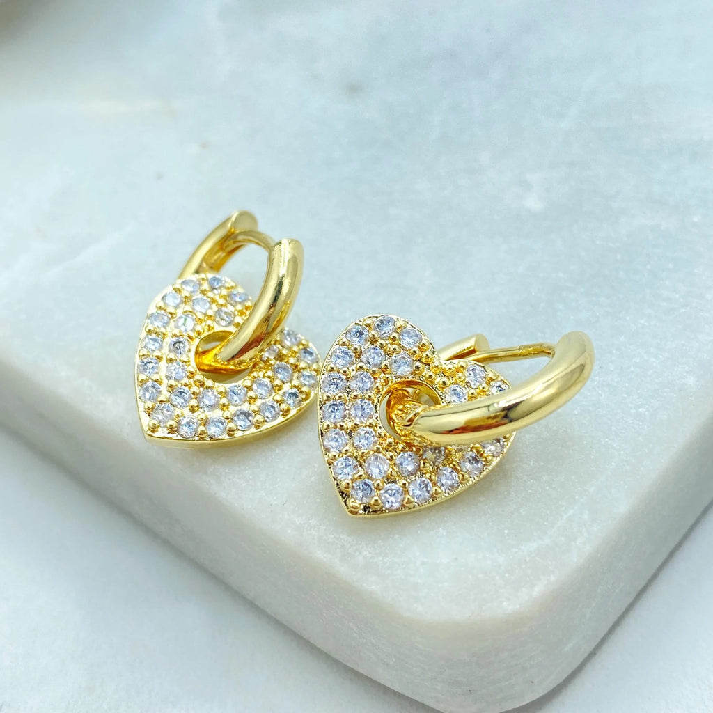18k Gold Filled Heart Charm Huggie Earrings, Detachable CZ Heart Dangle, Sparkling Gold Hoops, Lightweight Earrings