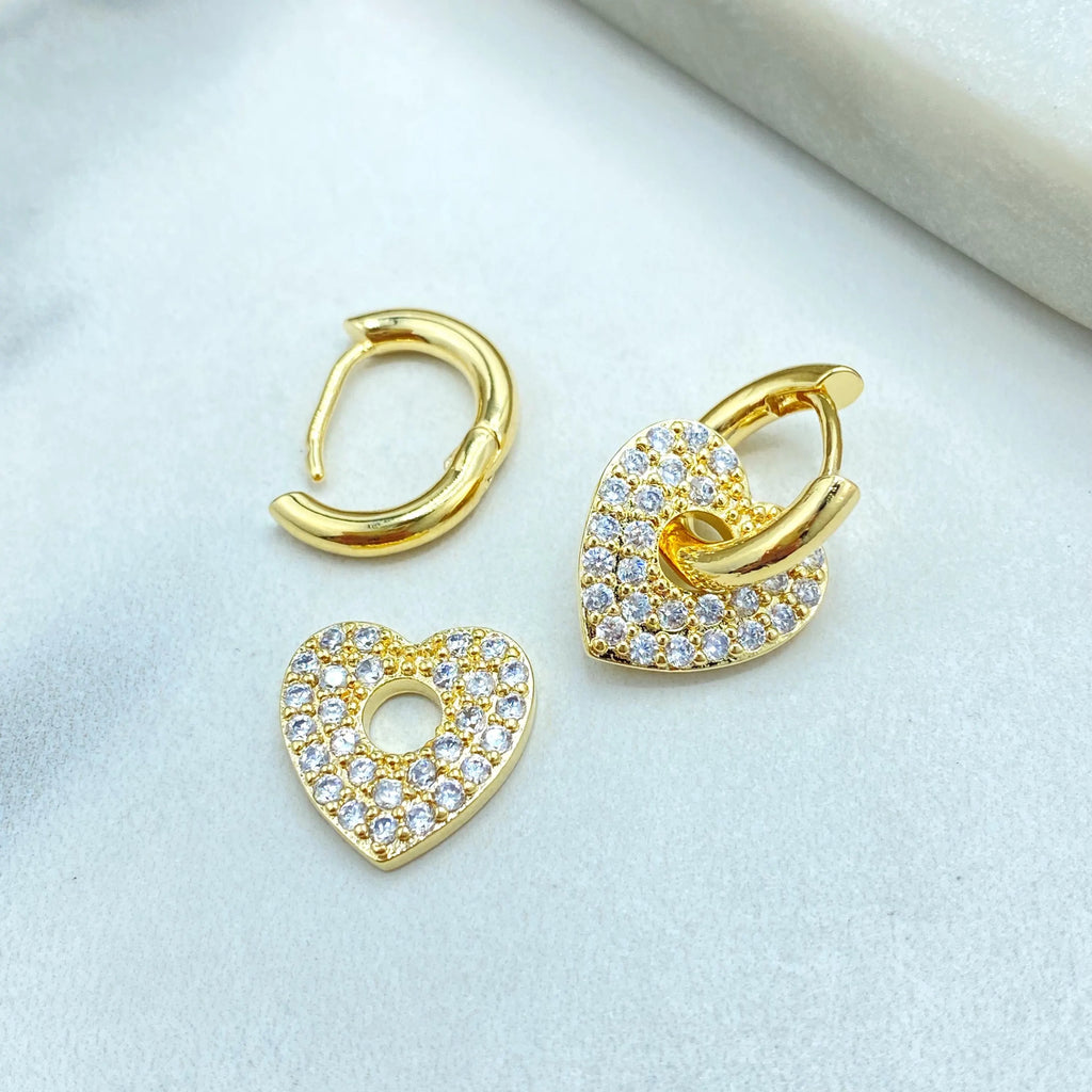 18k Gold Filled Heart Charm Huggie Earrings, Detachable CZ Heart Dangle, Sparkling Gold Hoops, Lightweight Earrings