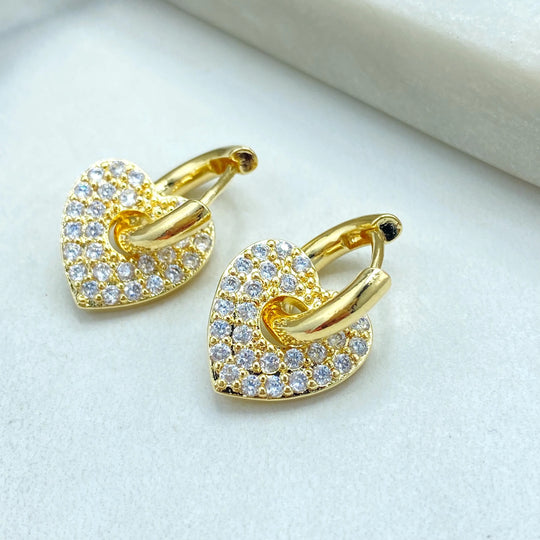 18k Gold Filled Heart Charm Huggie Earrings, Detachable CZ Heart Dangle, Sparkling Gold Hoops, Lightweight Earrings