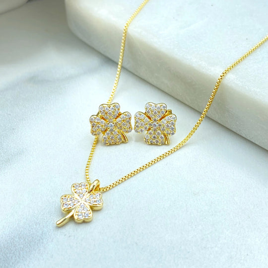 18k Gold Filled Four Leaf Clover Jewelry Set, Micro Pave Clover Charm Set, Necklace + Earrings, CZ Lucky Charm Set