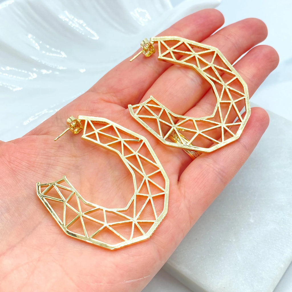 18k Gold Filled Geometric C-Hoop Earrings, CZ Edge Hollow Design, Lightweight Statement Hoops, Modern Gold Hoops