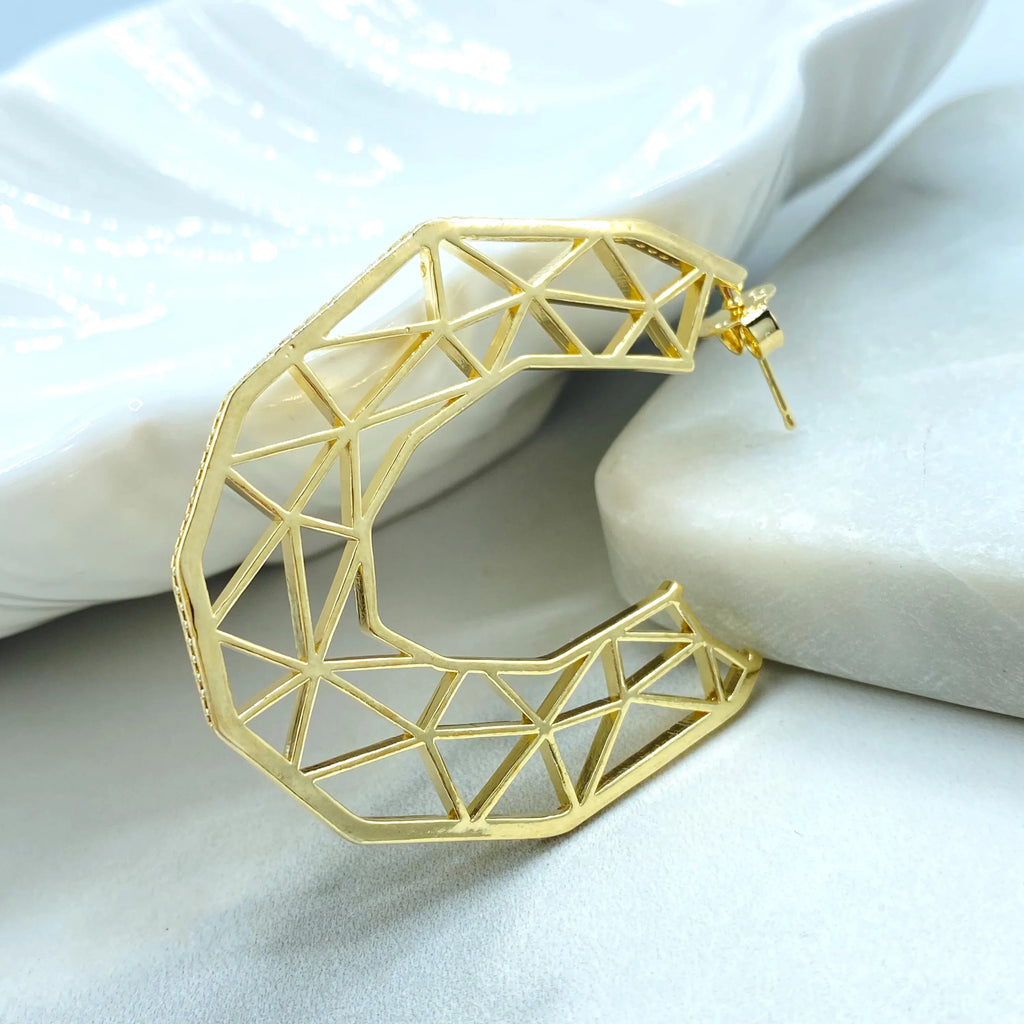 18k Gold Filled Geometric C-Hoop Earrings, CZ Edge Hollow Design, Lightweight Statement Hoops, Modern Gold Hoops