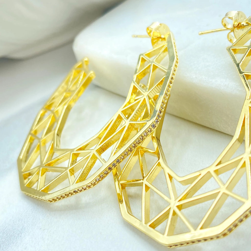 18k Gold Filled Geometric C-Hoop Earrings, CZ Edge Hollow Design, Lightweight Statement Hoops, Modern Gold Hoops