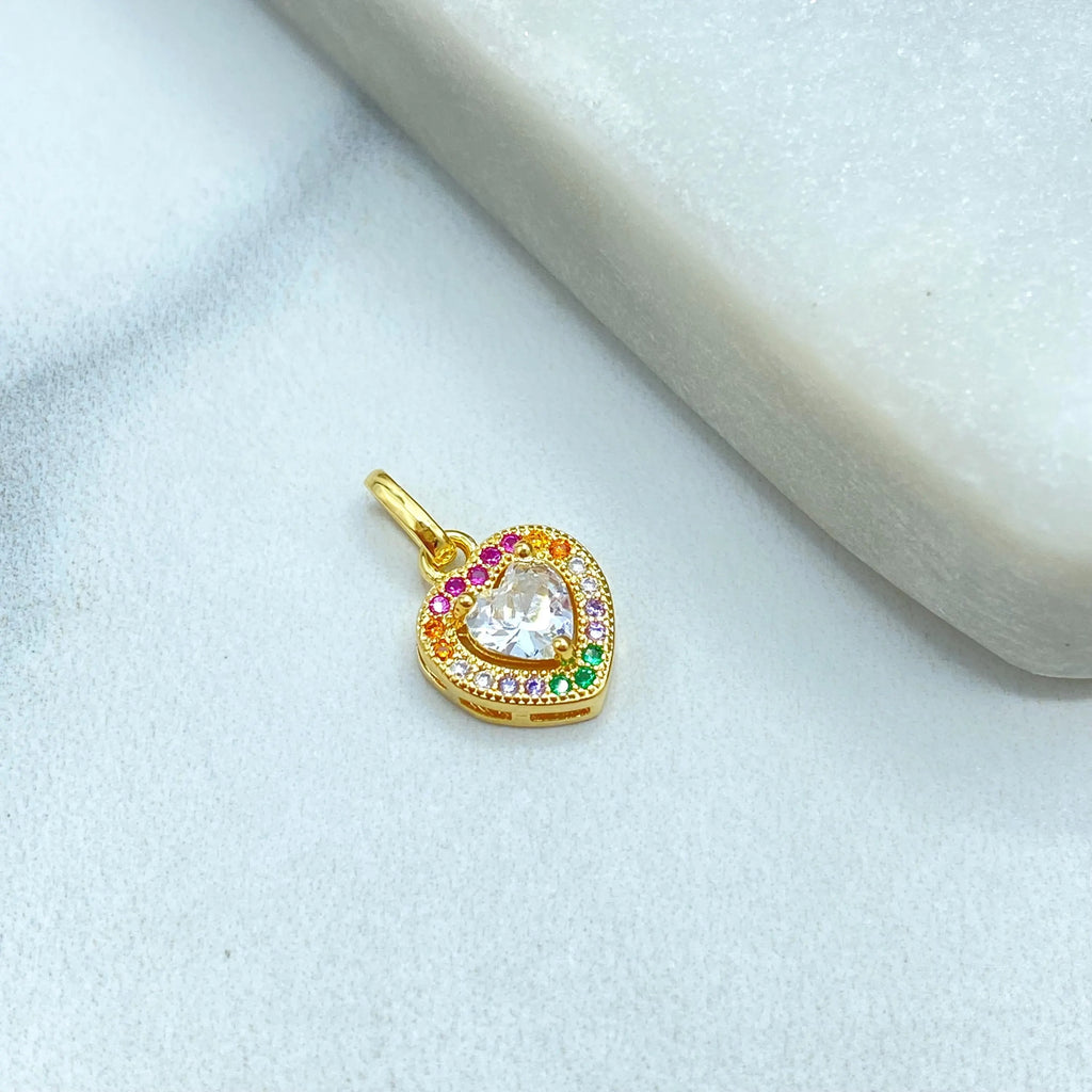 18k Gold Filled Small Heart Charm, Micro CZ Multicolor Stones, Rainbow Heart Pendant, Dainty Charm for Necklace