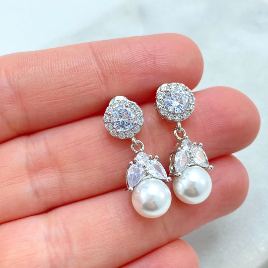 Silver Filled Pearl Drop Earrings, CZ Halo and Marquise Design Earrings, Elegant Bridal Jewelry, Gift for Her