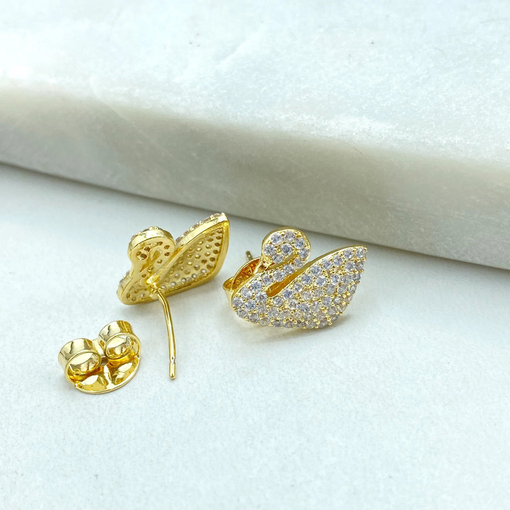 18k Gold Filled Swan Stud Earrings, CZ Pave Swan Earrings, Jumbo Push Back, Elegant Bird Studs, Sparkling Gift Idea