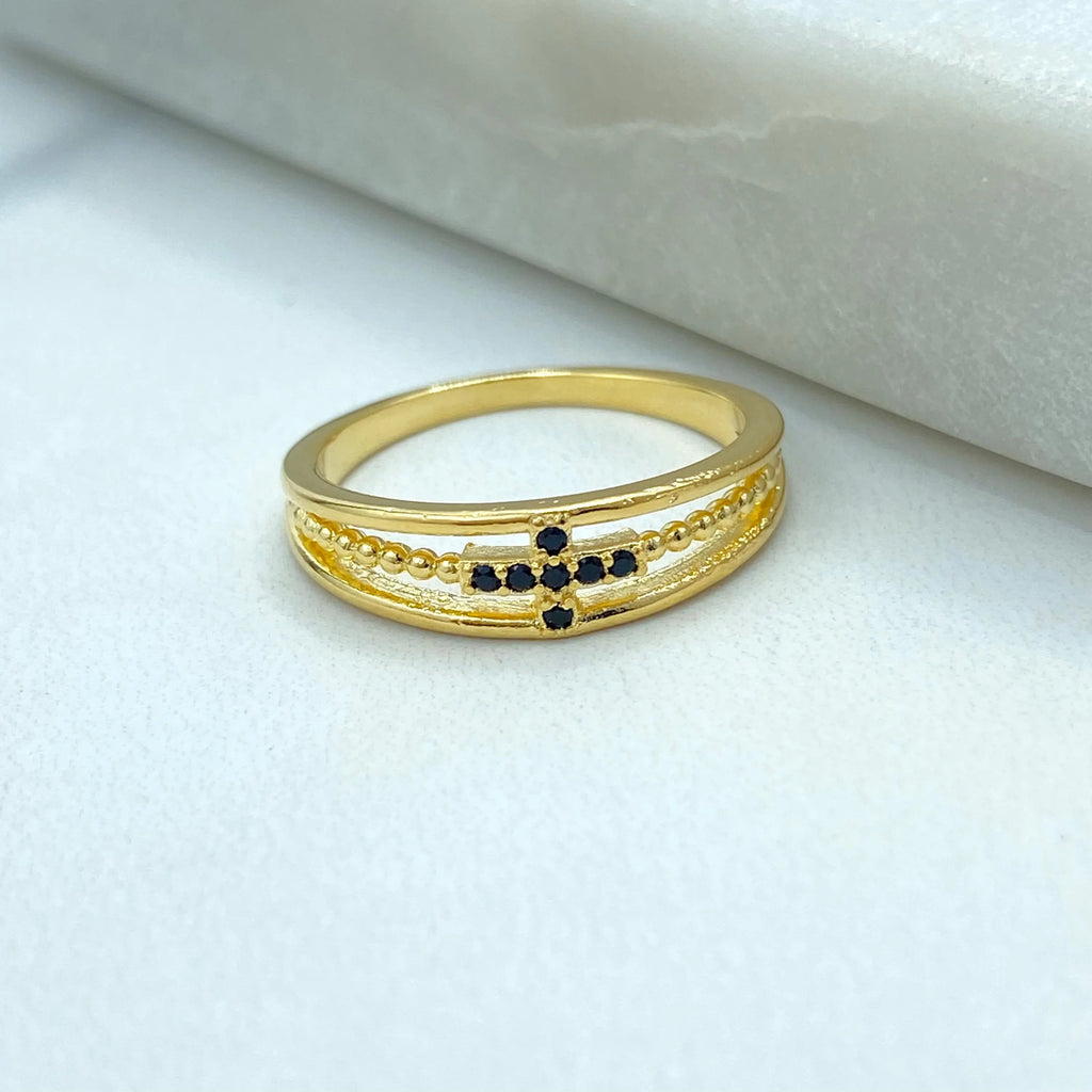 18k Gold Filled Cross Ring, Gold Simulated Layered Ring, with Black Micro Cubic Zirconia, Religious Cross Ring