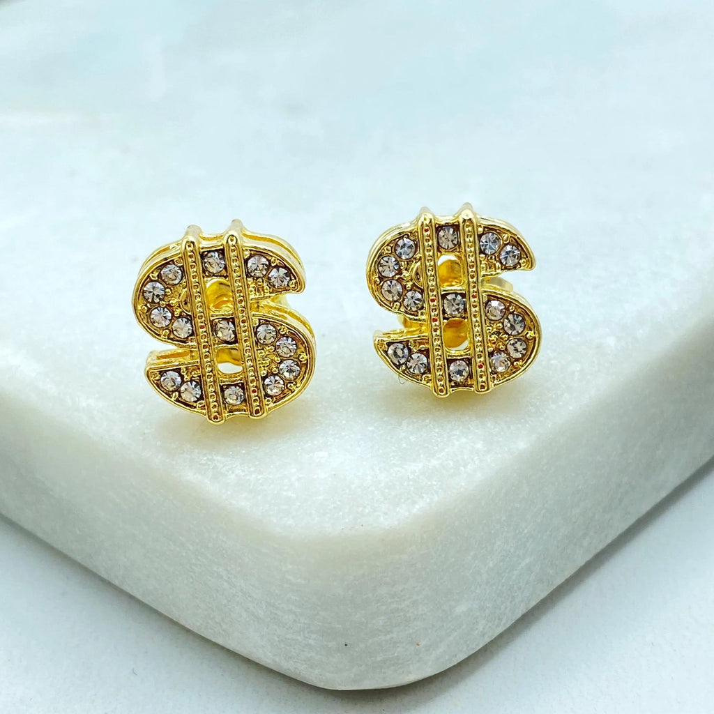 18k Gold Filled or Silver Filled, Dollar Sign Stud Earrings, CZ Pave Dollar Sign Earrings, Dainty Sparkly Earrings