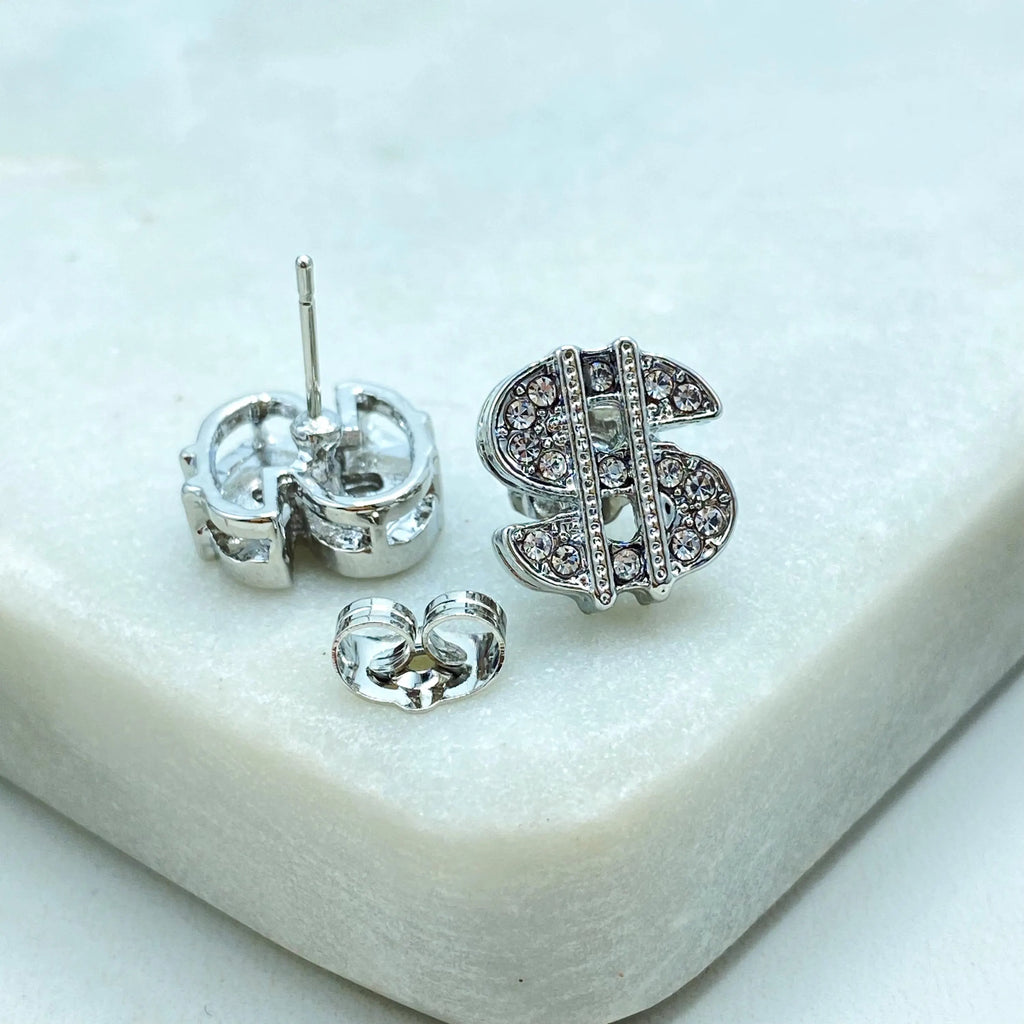 18k Gold Filled or Silver Filled, Dollar Sign Stud Earrings, CZ Pave Dollar Sign Earrings, Dainty Sparkly Earrings