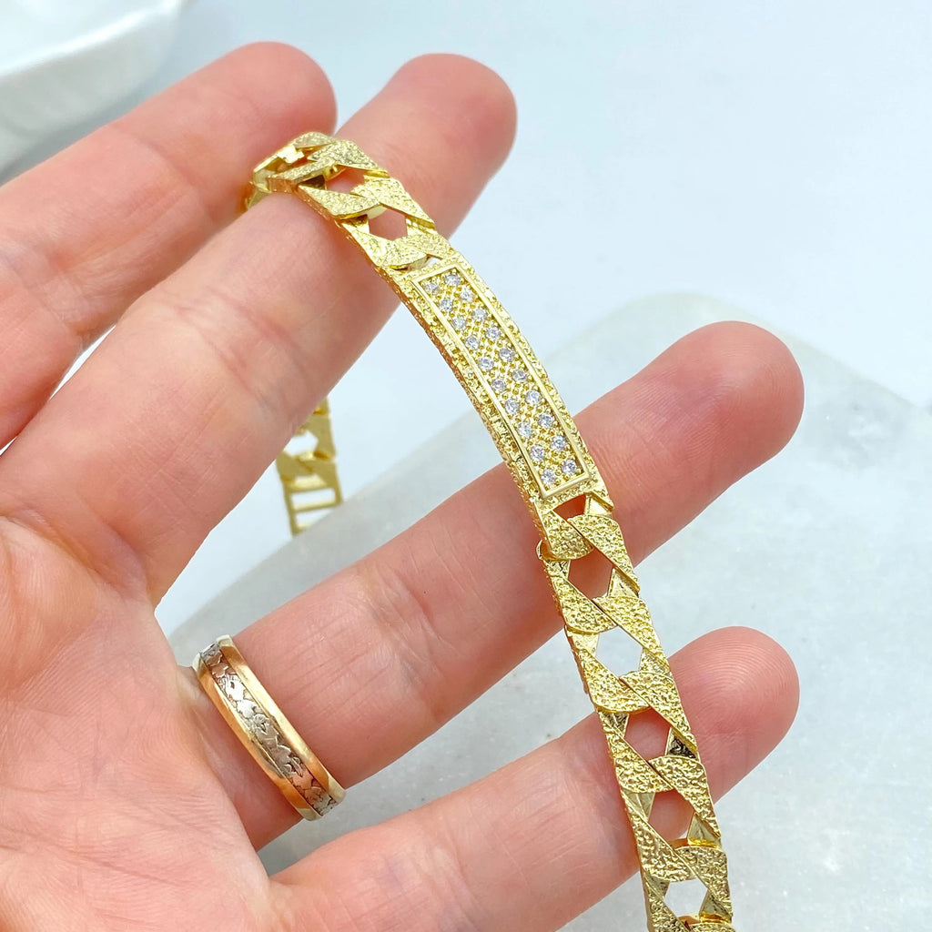 18k Gold Filled Cuban Link Bracelet, CZ Bar Accent, Brushed Textured Finish, ID Bracelet with CZ, Gift for Him or Her