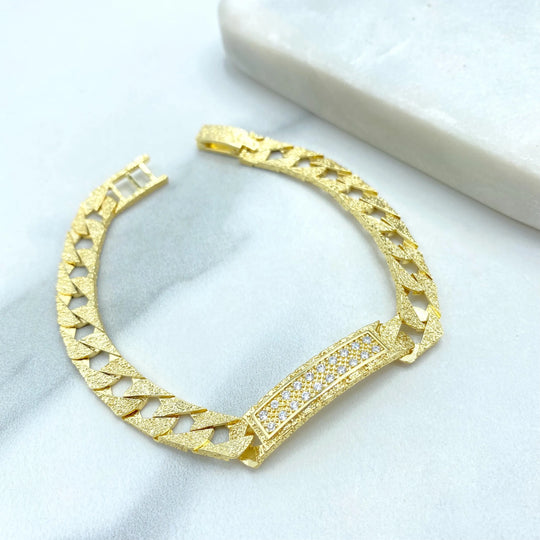 18k Gold Filled Cuban Link Bracelet, CZ Bar Accent, Brushed Textured Finish, ID Bracelet with CZ, Gift for Him or Her