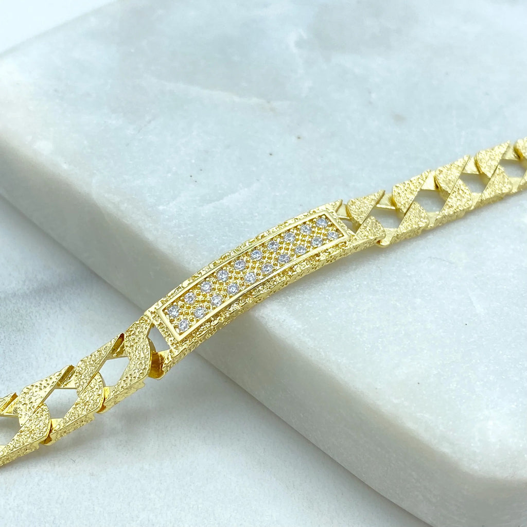 18k Gold Filled Cuban Link Bracelet, CZ Bar Accent, Brushed Textured Finish, ID Bracelet with CZ, Gift for Him or Her