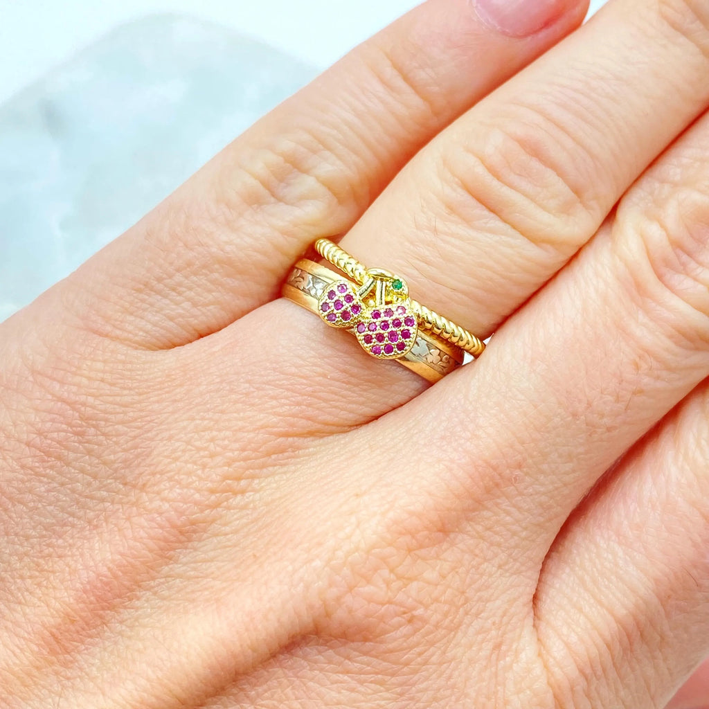 18k Gold Filled Adjustable Cherry Ring, Micro CZ Fruit Ring, Cute Pink Cherry Ring, Kawaii Gift for Her, Adjustable Ring