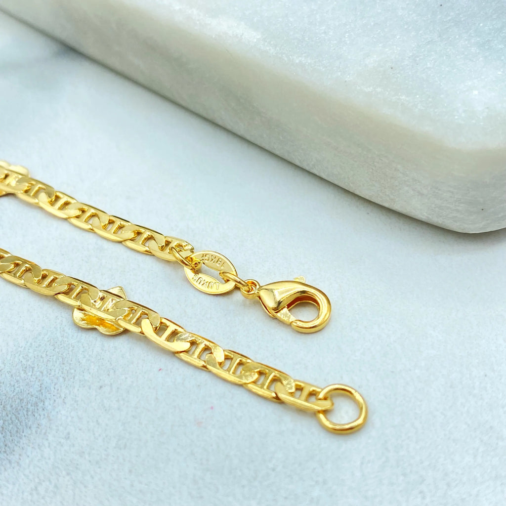 18k Gold Filled Heart Charm Bracelet, Flat Mariner Link Chain Bracelet, Dainty Bracelet, Gift for Her