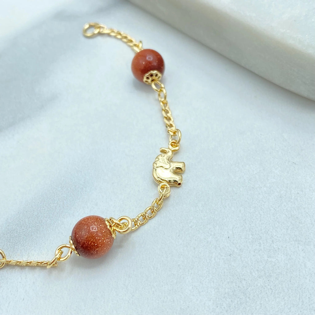 18k Gold Filled Aventurine & Puffed Elephants Bracelet, Curb Link Chain + Elephants Charm + Aventurine Beads Bracelet
