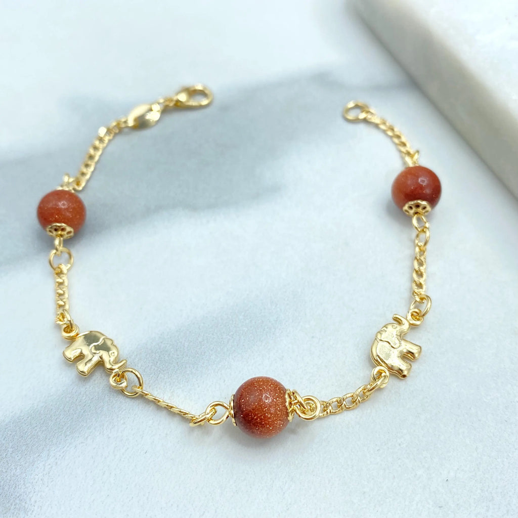 18k Gold Filled Aventurine & Puffed Elephants Bracelet, Curb Link Chain + Elephants Charm + Aventurine Beads Bracelet