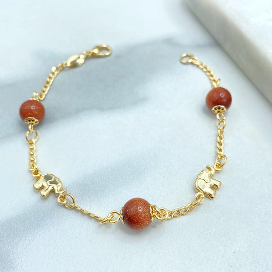 18k Gold Filled Aventurine & Puffed Elephants Bracelet, Curb Link Chain + Elephants Charm + Aventurine Beads Bracelet