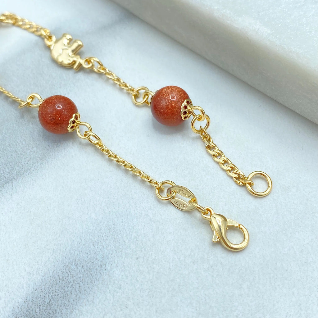 18k Gold Filled Aventurine & Puffed Elephants Bracelet, Curb Link Chain + Elephants Charm + Aventurine Beads Bracelet