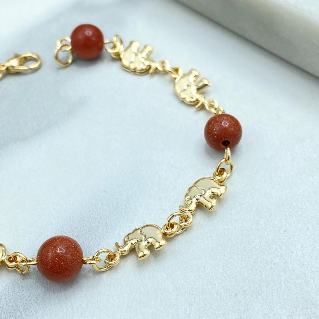 18k Gold Filled Aventurine & Puffed Elephants Bracelet, 7.5 Inches Long, Elephants Charm with Aventurine Beads Bracelet