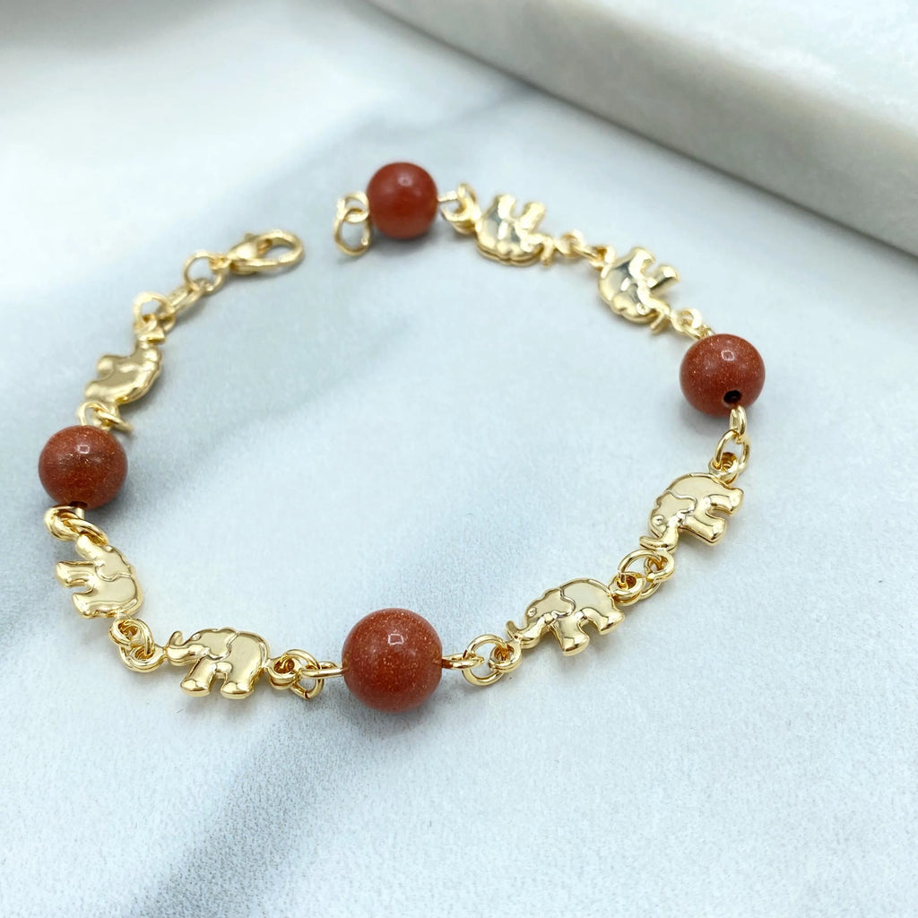 18k Gold Filled Aventurine & Puffed Elephants Bracelet, 7.5 Inches Long, Elephants Charm with Aventurine Beads Bracelet