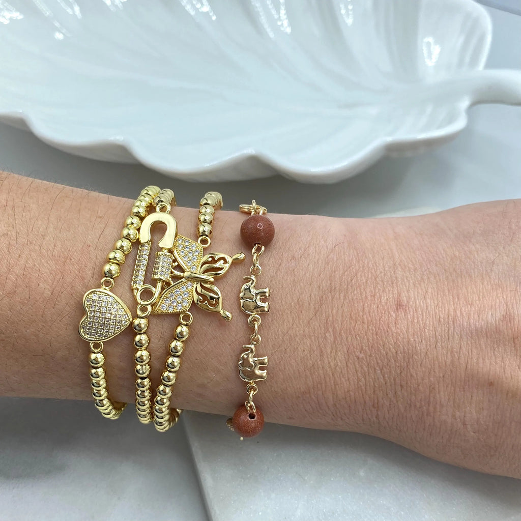 18k Gold Filled Aventurine & Puffed Elephants Bracelet, 7.5 Inches Long, Elephants Charm with Aventurine Beads Bracelet