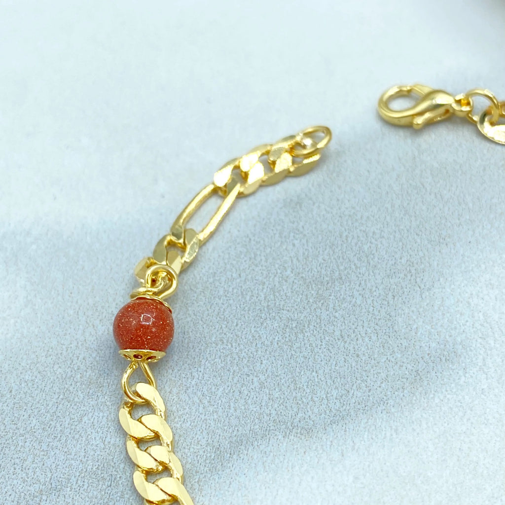 18k Gold Filled Aventurine Beaded Bracelet, Figaro Chain Design, Figaro Chain with Venturina Bracelet, Gift for Her