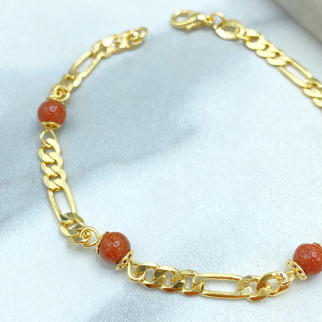 18k Gold Filled Aventurine Beaded Bracelet, Figaro Chain Design, Figaro Chain with Venturina Bracelet, Gift for Her