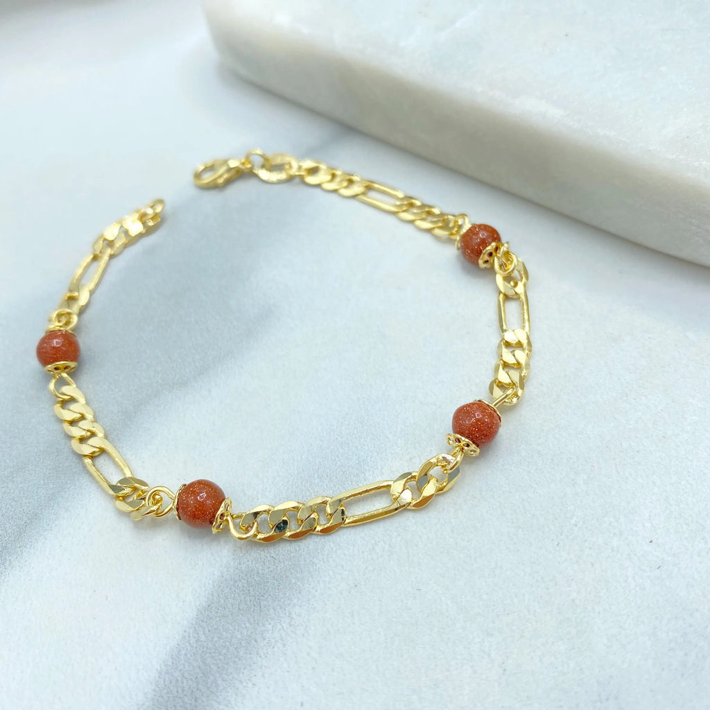 18k Gold Filled Aventurine Beaded Bracelet, Figaro Chain Design, Figaro Chain with Venturina Bracelet, Gift for Her