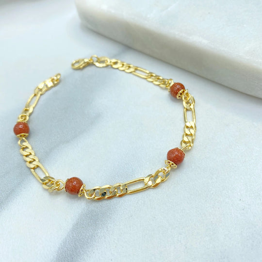 18k Gold Filled Aventurine Beaded Bracelet, Figaro Chain Design, Figaro Chain with Venturina Bracelet, Gift for Her