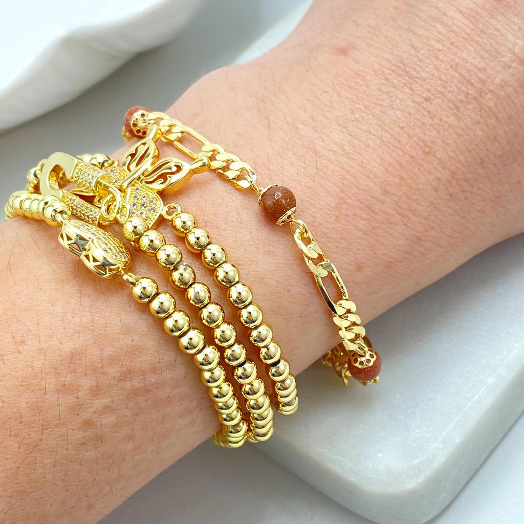 18k Gold Filled Aventurine Beaded Bracelet, Figaro Chain Design, Figaro Chain with Venturina Bracelet, Gift for Her