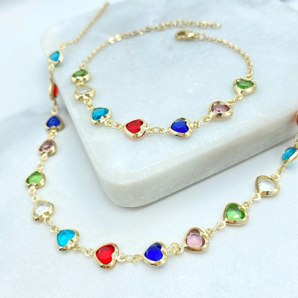 18k Gold Filled Colorful Heart Jewelry Set, Necklace Bracelet Earrings, Multicolor Heart Crystal Linked Set, Heart Set