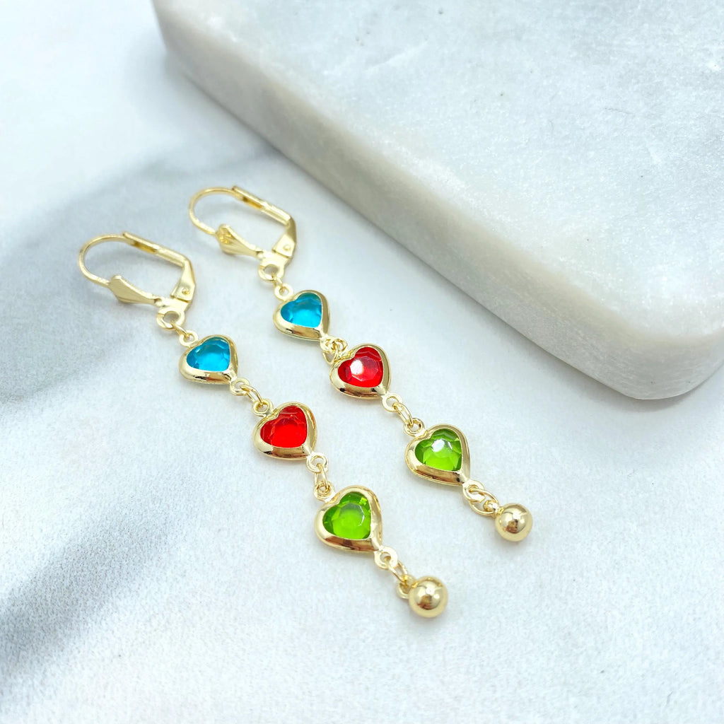 18k Gold Filled Colorful Heart Jewelry Set, Necklace Bracelet Earrings, Multicolor Heart Crystal Linked Set, Heart Set