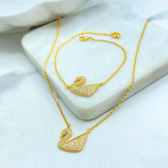 18k Gold Filled Swan Necklace and Bracelet Set, Micro CZ Swan Necklace or Bracelet, Dainty Gift for Her