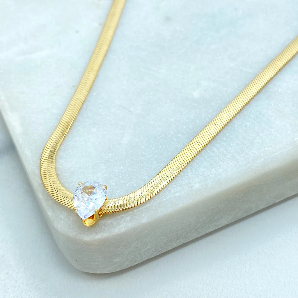 18k Gold Filled Snake Chain Necklace with Pear Cut CZ Pendant, Herringbone Chain with Extender, Tear Drop Necklace