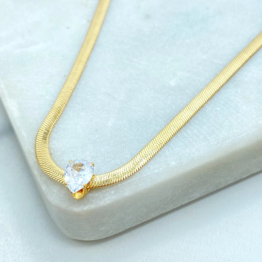 18k Gold Filled Snake Chain Necklace with Pear Cut CZ Pendant, Herringbone Chain with Extender, Tear Drop Necklace