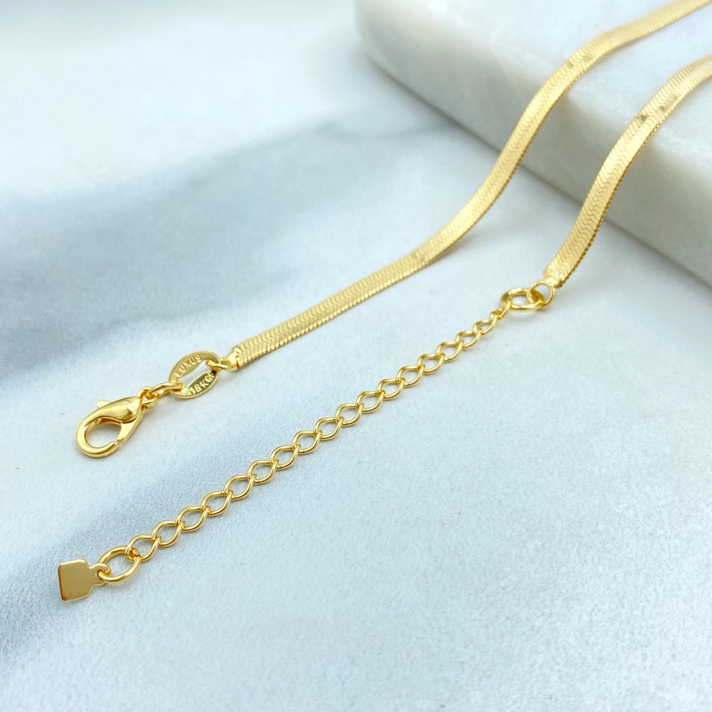 18k Gold Filled Snake Chain Necklace with Pear Cut CZ Pendant, Herringbone Chain with Extender, Tear Drop Necklace