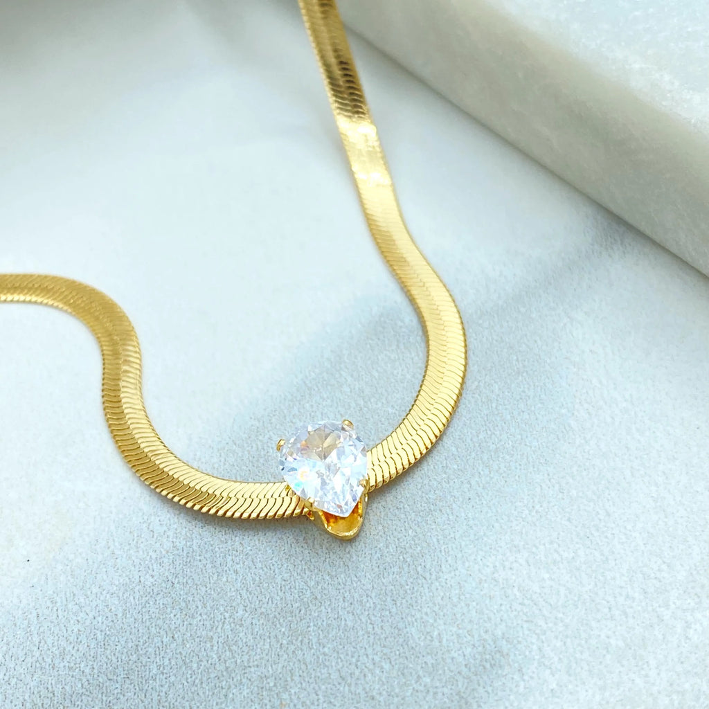 18k Gold Filled Snake Chain Necklace with Pear Cut CZ Pendant, Herringbone Chain with Extender, Tear Drop Necklace
